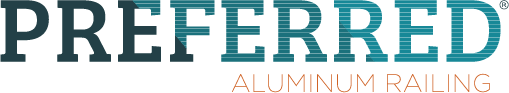 Blue Preferred text with orange Aluminum Railing below it as the Preferred Aluminum Railing Logo
